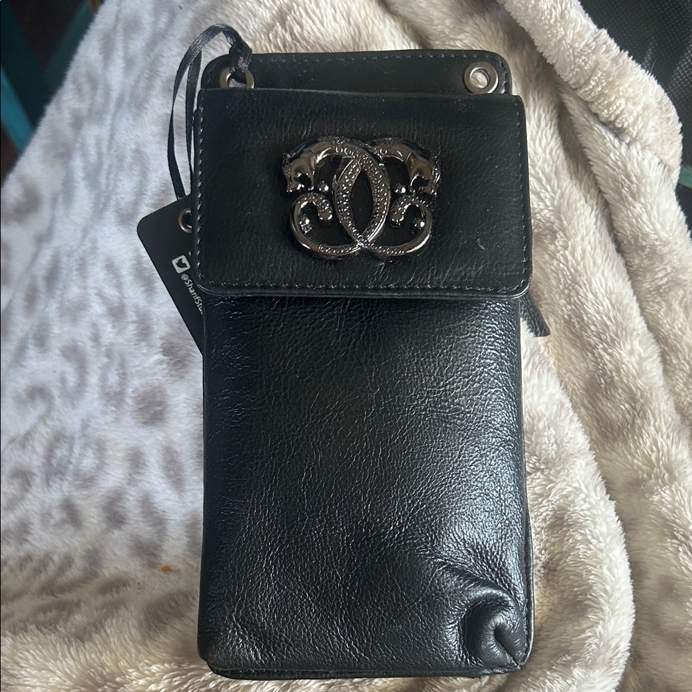 Sharif Black Leather Wristlet with Silver Accent and long strap for crossbody